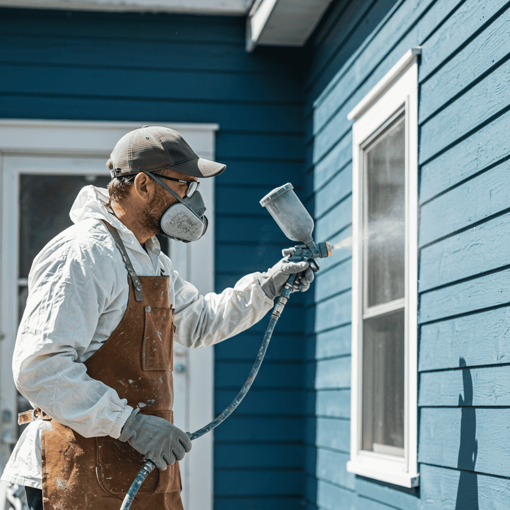 Professional painting a house in blue
